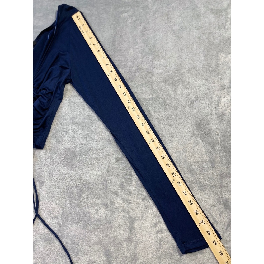 Ambiance Crop Top Womens XL Navy Blue Excellent Ruched V-Neck Long Sleeve - Picture 6 of 8